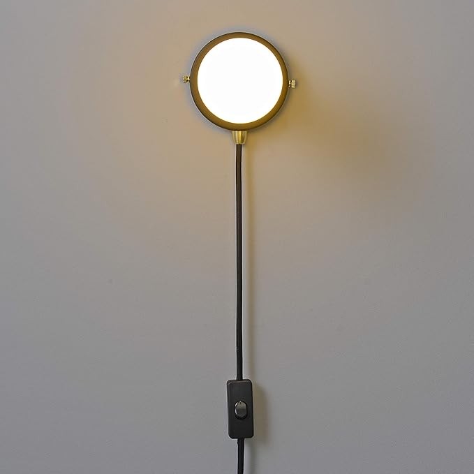 BRIGHTTIA Matte Black Plug-in Simple Ring Wall Sconce Light - Brushed Brass Color Accents - Modern Minimalist Lighting - Mid Century Industrial Exposed Bulb Wall Lamp - 16Ft Fabric Cord (BW0005-1BP)