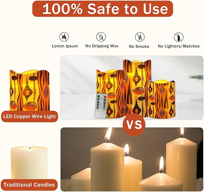 Remote Flameless Candles-Set of 3 African Tribe Design LED Pillar Candles Battery Operated Candle with Timer, 4" 5" 6" for Home Table Decor