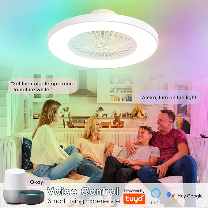 24" Smart Bladeless Ceiling Fan with RGB Ambient Light, Low Profile Flush Mount Fan with APP/Remote/Alexa Control, Dimmable LED Color Changing Light, 6-Speed Quiet Motor, White