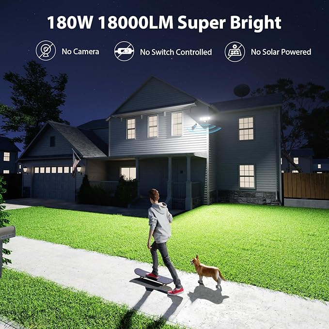 iMaihom 180W Motion Sensor Outdoor Lights Plug in, 18000LM LED Security Lights, Dusk to Dawn Motion Flood Light, 6500K, IP65 Waterproof, 3 Head Exterior Motion Detector Light for Yard Garage