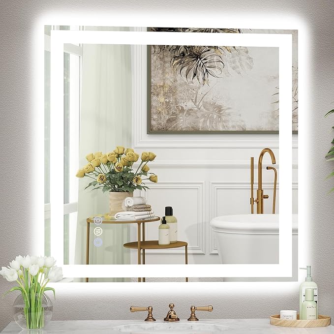 36x36 LED Bathroom Mirror with Lights, Super Bright Front & Backlit Vanity Mirror for Wall, Anti-Fog & Memory Smart Mirror, 5mm Shatter-Proof Tempered Glass, ETL Listed, Vertical/Horizontal