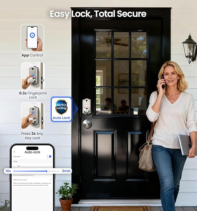 Veise VE017-K Fingerprint Smart Lock with 2 Knobs, App Control, Keyless Entry Front Door Lock Set, Electronic Touchscreen Keypad Deadbolt, Emergency Power Port, Easy Install, Auto-Lock, Satin Nickel
