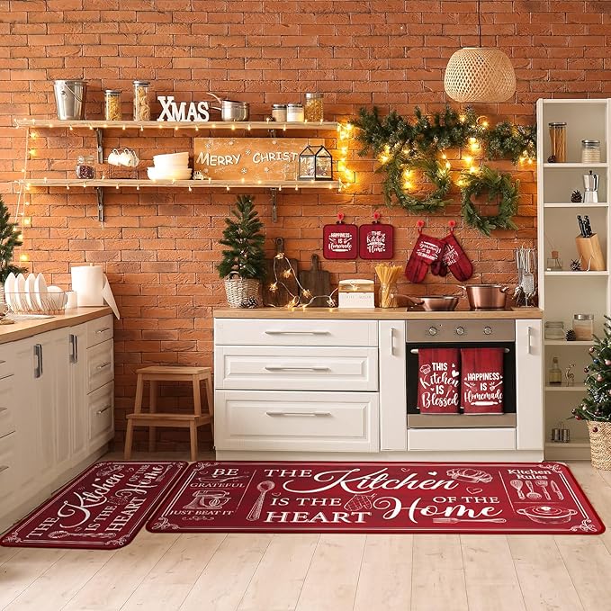 Fourluoo 10 Pcs Farmhouse Kitchen Decor and Accessories Set 4 Kitchen Towels 2 Pot Holders 2 Oven Mitts 2 Rugs for Cooking Baking Mom Housewarming Gifts(Red,Classic Style)