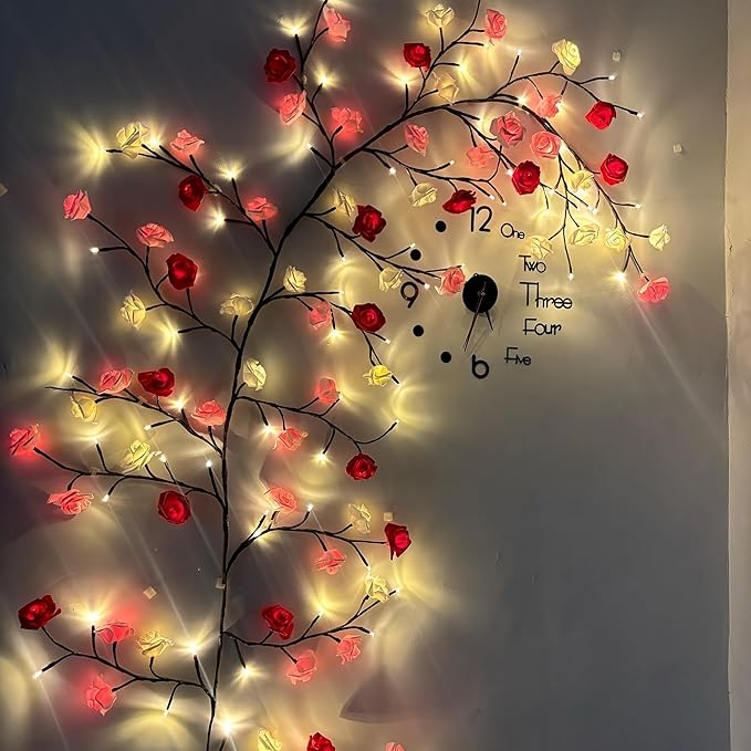 Rose LED Tree Branch Lights for Wall, Rose Flower Willow Vine Twig Decor Garland with 48 LED Lights and Remote,8 Lighting Modes,Christmas Decorations Indoor for Home Wall Door Window (47inch)