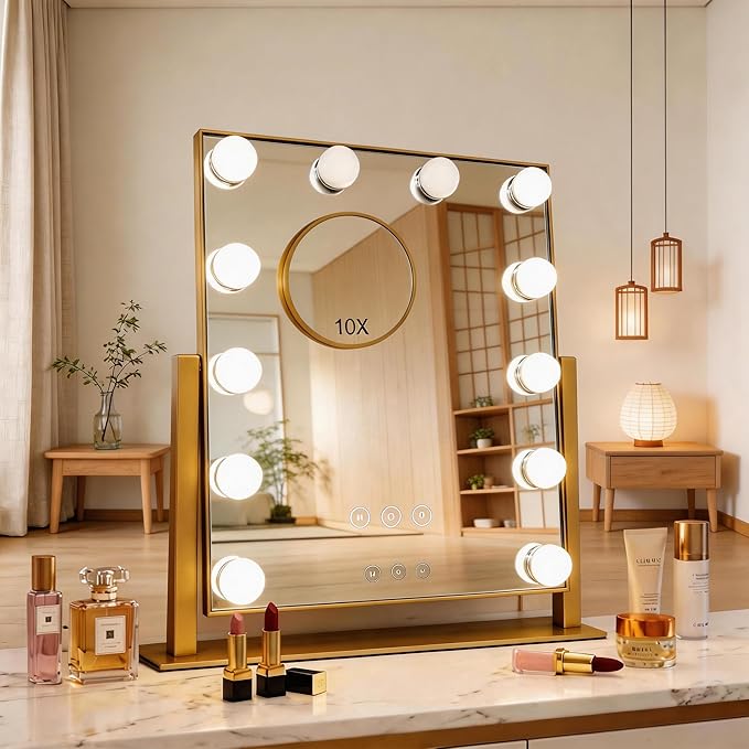 Makeup Vanity Mirror with Lights 17.12"x13.77" LED Makeup Mirror Detachable 10X Magnification, Hollywood Make Up Mirror with Lighting, Smart Touch, Rechargeable,360° Rotation, (Gold)