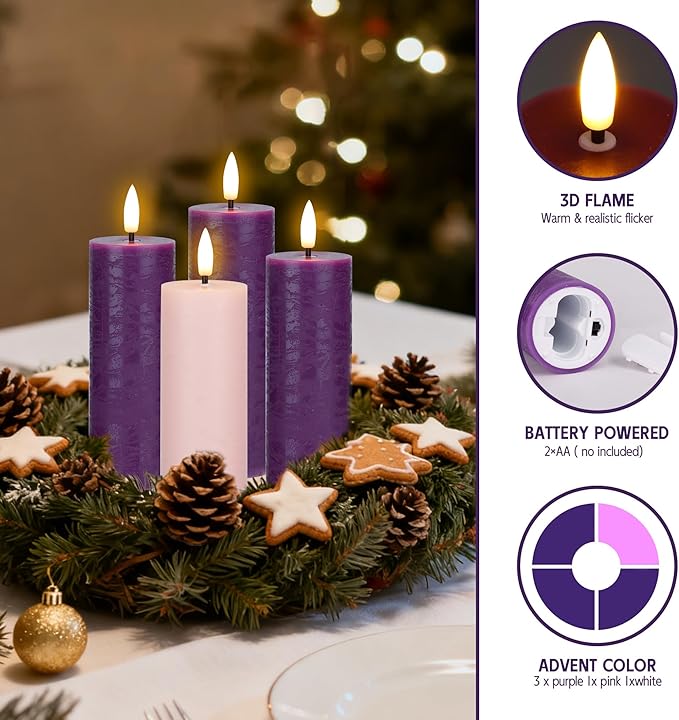 Flameless Advent Candles Set of 4, Real Wax Advent Pillar Candles Battery Operated 9.6", Purple and Pink Christmas LED Candle for Wreath, Christ, Home, Church, Catholic Decoration