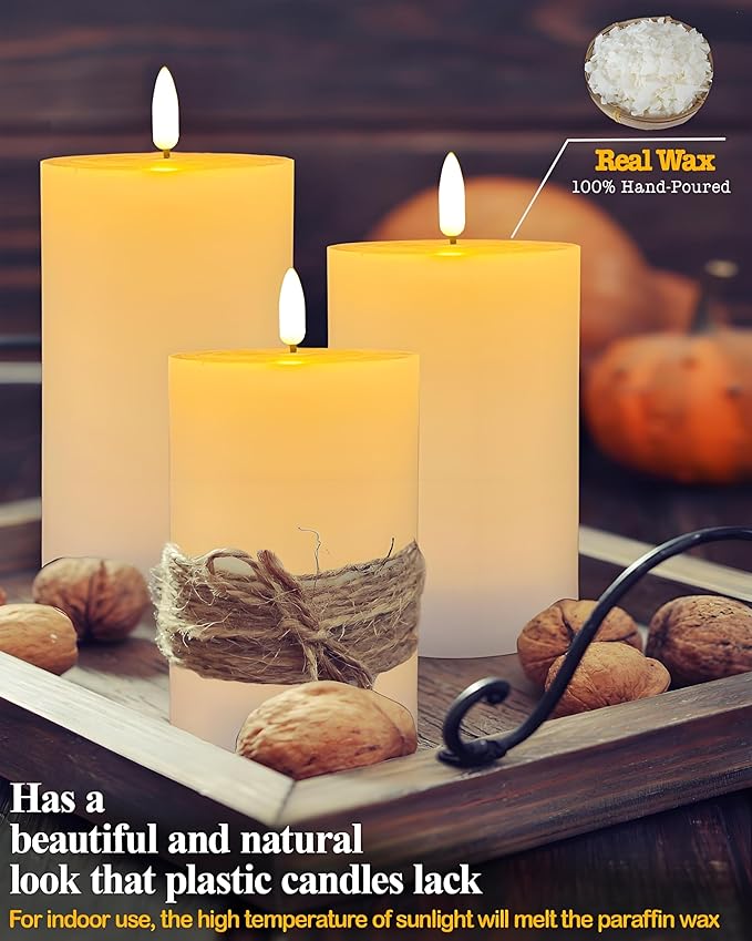 3"x4" Flickering Flameless Candles with Remote Timer, 3" Diameter White Pillar, Real Wax, Set of 2 Large Battery Operated LED Candles for Table and Fireplace Decor (H 4")