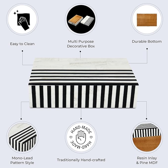 Handicrafts Home Large Decorative Storage Box with Lid – Black White Modern Storage Box, Remote Control Organizer for Coffee Table, Console & Living Room Decor – Mono Lead 12 x 6 x 2