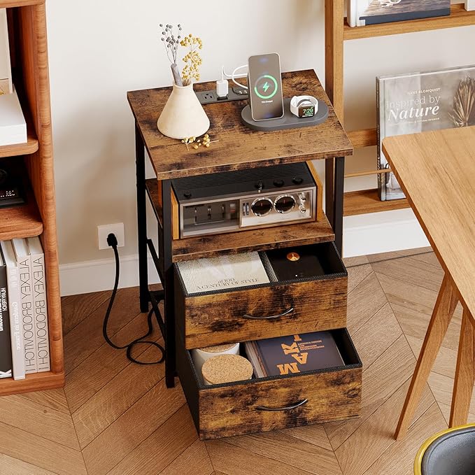 Fixwal Night Stand with Charger Station, Nightstand with Charging Station & Fabric Drawers，Rustic Brown
