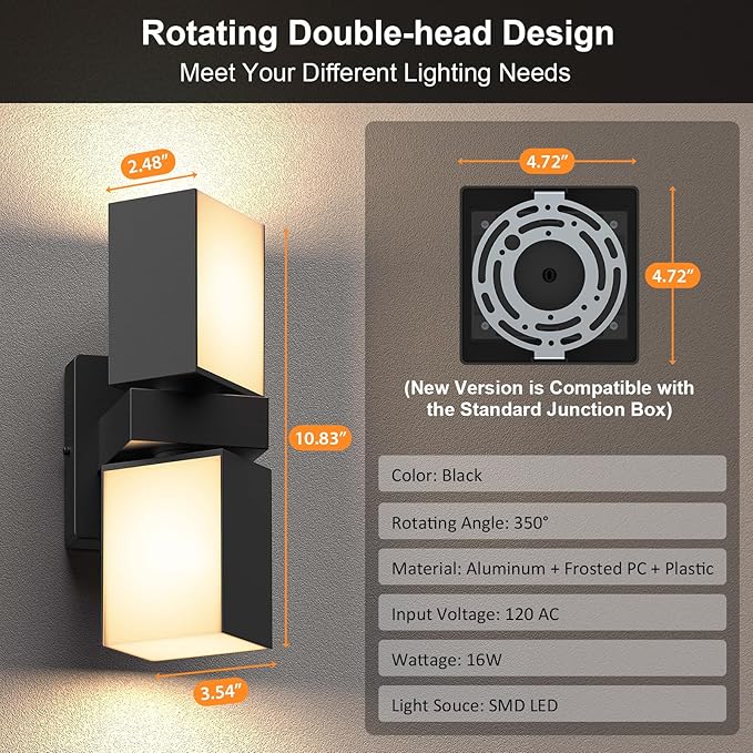 XMCOSY+ Outdoor Wall Lights, 1400LM Smart RGBCW Exterior Lighting Fixtures Adjustable Dual-Head Outdoor Light Fixture, WiFi APP Control, Alexa Compatible, Waterproof Porch Lights Outdoor, 2 Pack