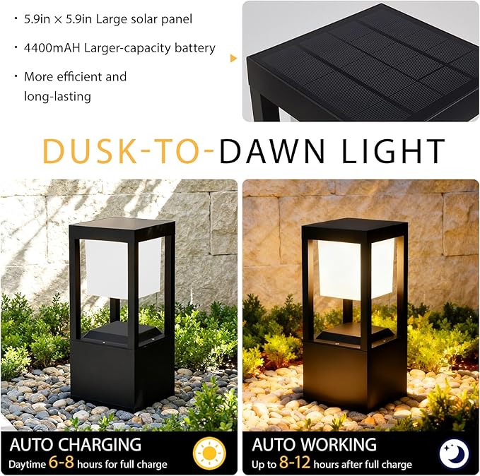 Solar Floor Lamp Outdoor Waterpoorf, Modern Die-cast Aluminum Led Lanterns for Patio Porch, Bollard Landscape Lighting for Garden Yard Walkway, Remote Control, 3CCT, Dusk to Dawn (4 Pack)