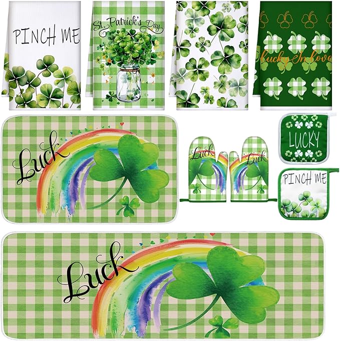 Fourluoo 10 Pcs St Patricks Day Kitchen Set Shamrocks Kitchen Towels and Rugs Oven Mitts and Pot Holders Irish Decor for Women Mom Gift Cooking Baking Grilling
