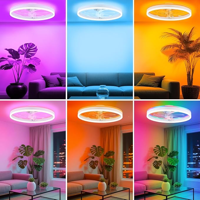 STERREN 15.7" RGB Ceiling Fan with Light, Modern Flush Mount Bladeless Ceiling Fans, Low Profile Ceiling Fan with Remote,Small White Fandelier Chandelier for Bedroom Living Room