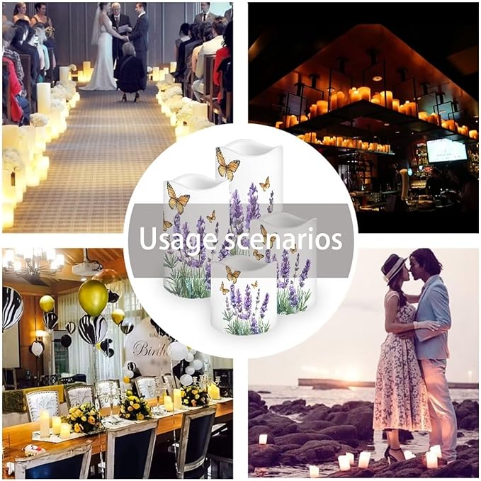 Lavender Butterfly Flameless Candles Bulk Timer Battery Operated Candles with Remote Color Changing Electric Pillar Led Candles Room Home Dining Table Decorations Tea Light