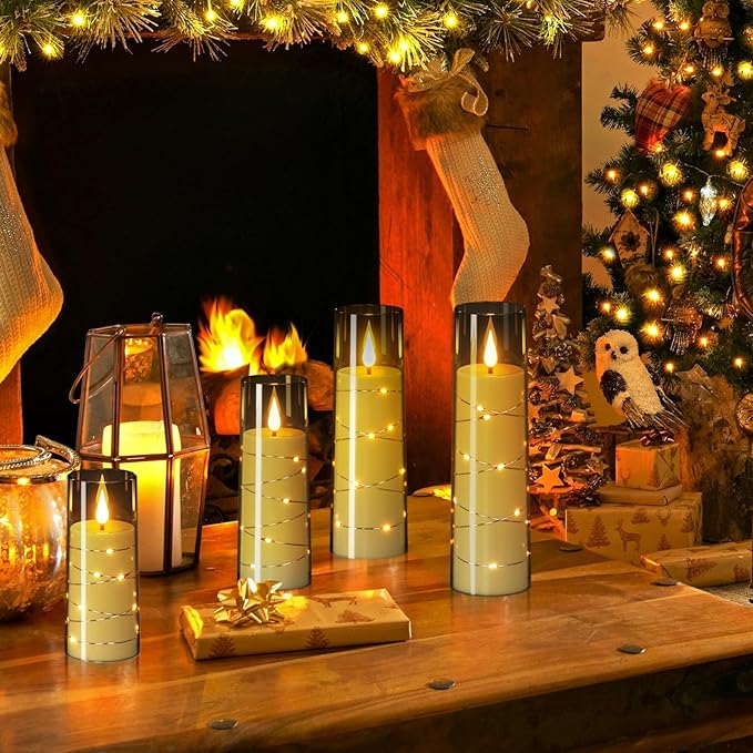 Wondise Flameless Flickering Candles with Embedded Star String Remote and Timer Battery Operated Flickering LED Candles Durable Acrylic Shell Pillar Candles for Christamas Home Decoration (4pack