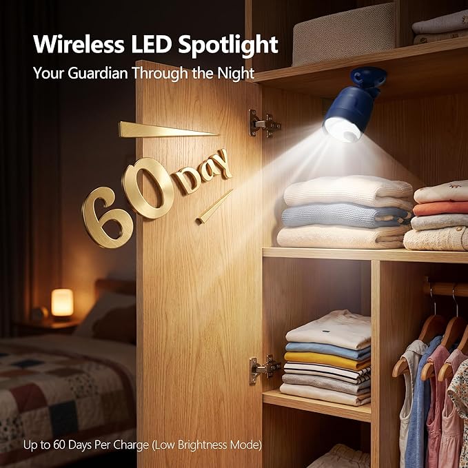 Wireless LED Spotlight, Battery Operated Motion Sensor Outdoor Light - 4000mAh Rechargeable 2-Mode IPX5 Waterproof 600LM Light for Porch, Garage, Hallway, Wardrobe (Blue)