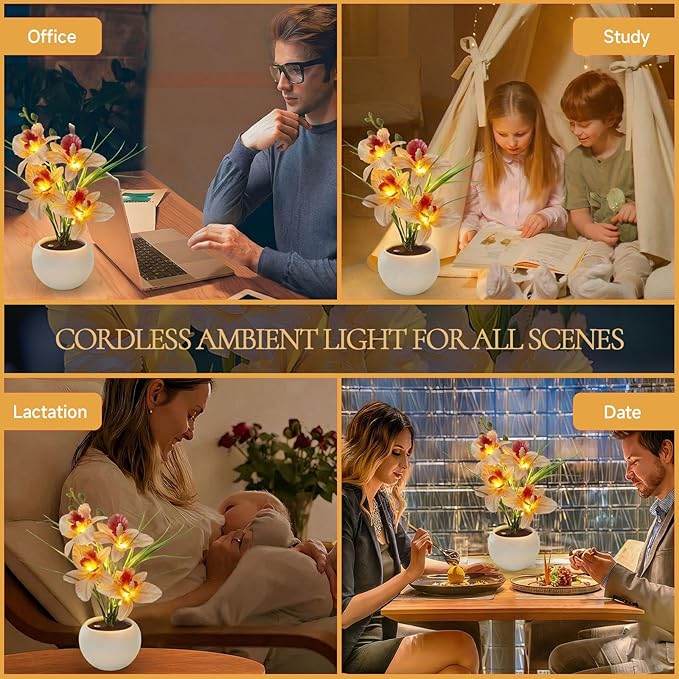 Artificial Flower Night Light, Touch Stepless Dimming USB Rechargeable Orchid Flower with Vase Lamp, LED Table Lamp Decorative Landscape Lights for Festival Party Home Decor (Champagne)