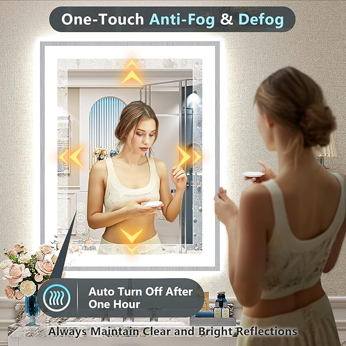 32x36 Brushed Nickel LED Bathroom Mirror with Lights, Sliver Framed Backlit and Front Lit Anti-Fog Lighted Vanity Mirrors for Bathroom Wall, Dimmable, 3 Colors, Memory, Tempered Glass, CRI＞90