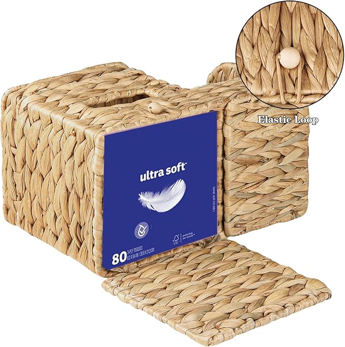 BIBELUN Tissue Box Cover Square with Storage Tray, Multifunction Water Hyacinth Tissue Cube Box Holder, Farmhouse Wicker Remote Control Nightstand Organizer Caddy for Bathroom, Home, Office Decor