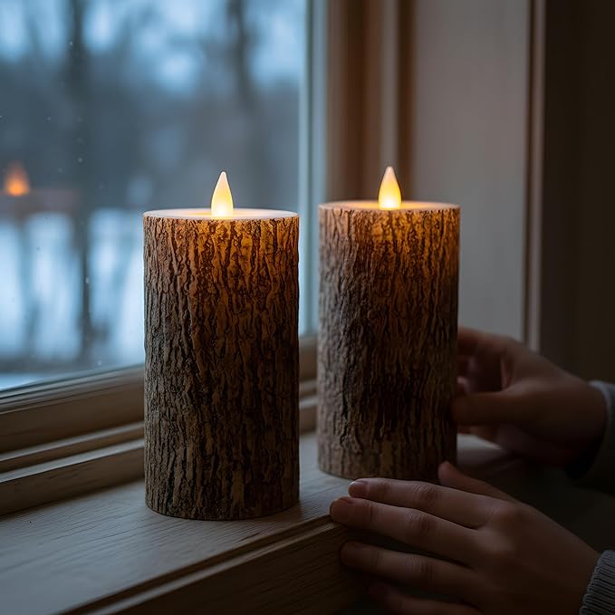 Brown Bark Wax Flameless Pillar Candles with Remote Timer, 3D Moving Flame Led Candles up to 400 Hours with 2AA Batteries, Set of 2(3''x6''), Remote Included (Brown).