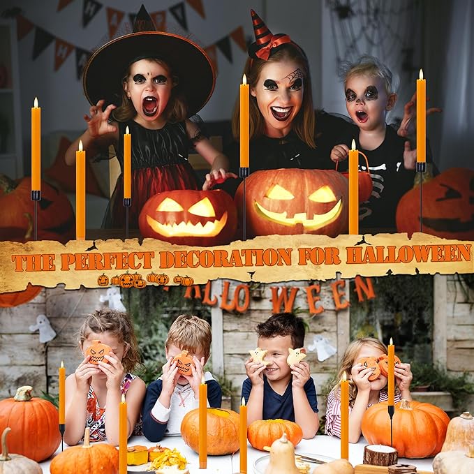 Orange Flameless Candles with Remote, 9.6" Fall Candles with Remote, Real Wax Battery Operated Candles Flickering Flameless Taper Candlessticks for Fall, Thanksgiving, Harvest, Halloween Decor, 3 Pack