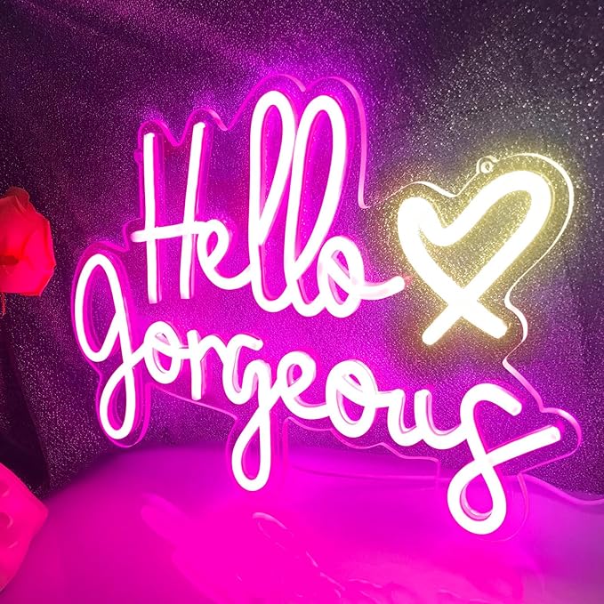 Hello Gorgeous Neon Sign Pink LED Neon Lights for Home Wedding Birthday Backdrop Bacelorette Party Wth Dimmable Switch(5V, 16.5"*11")