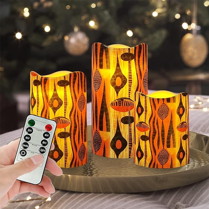 Remote Flameless Candles-Set of 3 African Tribe Design LED Pillar Candles Battery Operated Candle with Timer, 4" 5" 6" for Home Table Decor