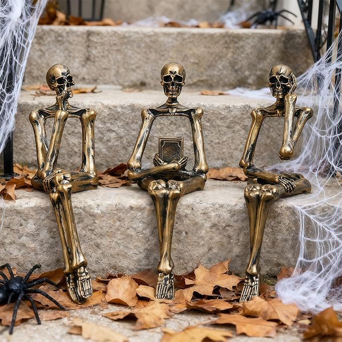 XINXUAN Halloween Decorations Skull Statue Home Decor - Modern Bookshelf & Desk Decor - 3 Piece Set (Retro - Gold)