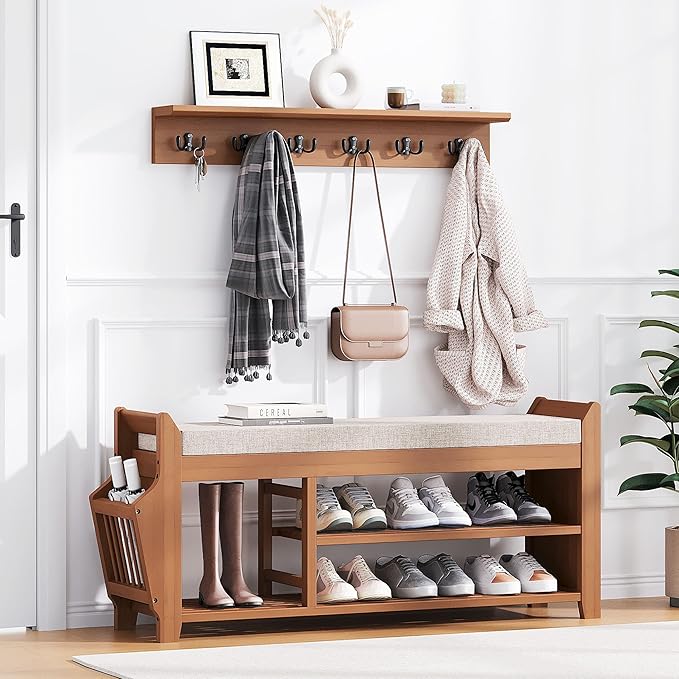 39.4" Shoe Bench with Coat Rack Hidden Drawer and Side Holder, 2 Tier Entryway Bench with Storage, Bamboo Shoe Rack with Cushion for Entryway Hallway Living Room Bedroom