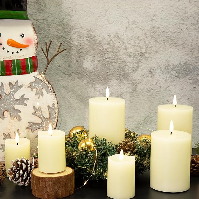Eywamage Flameless Votive Pillar Candles with Remote Batteries Included, LED Electric Candles Set of 7, Flickering Realistic ABS+Paraffin Wax, Ivory
