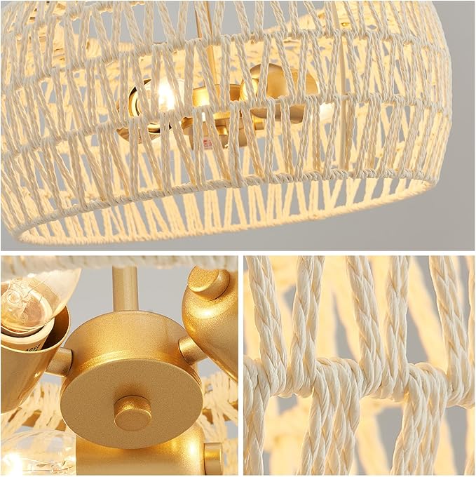 WUZUPS Rattan Boho Chandelier Rustic Farmhouse Industrial Round Coastal Hanging Pendant Light Fixture Wicker Lampshade for Dining Room Kitchen Island Foyer Entryway, H 19.6" x W 15.9", Gold
