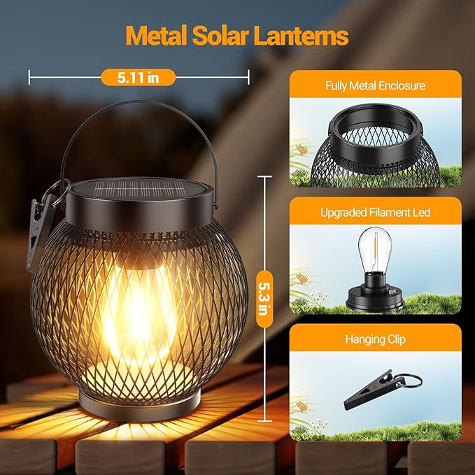 Solar Lanterns Outdoor Waterproof, Upgraded Hanging Solar Lights for Outside, Metal Solar Hanging Lanterns with Clip, Solar Powered Lantern for Patio Porch Garden Decor, 2 Pack