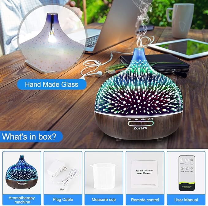 Essential Oil Diffuser 550ml Cool Mist Humidifier 3D Glass Ultrasonic Aromatherapy Humidifier with 7 Color Changing Led Lights, Waterless Auto Shut-Off, Adjustable Timer for Home Bedroom Office