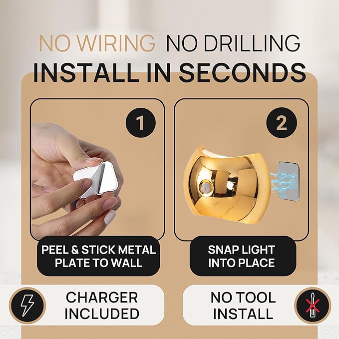 Battery Operated Wall Sconces Set of Two, Rechargeable Wireless LED Wall Lights — Motion Sensor, No Drill Magnetic Mount, 3 Modes, for Bedroom Hallway Stairs, Gold