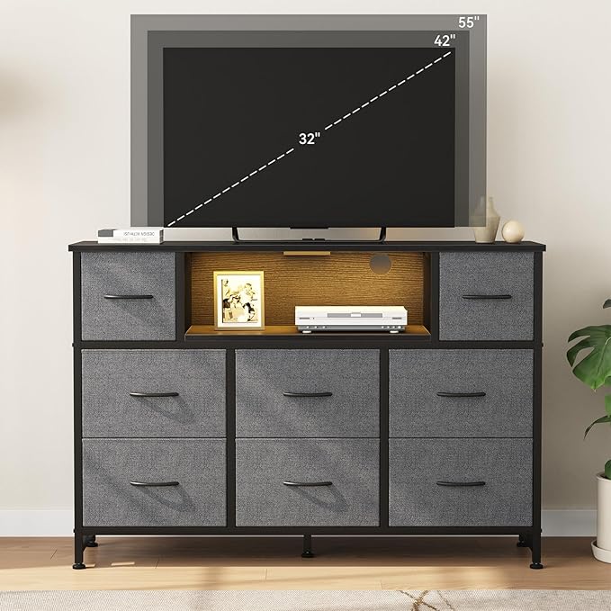 DUMOS TV Stand Dresser with 8 Fabric Drawers and Open Shelves, LED Entertainment Center with Charging Station, Wood Top Media Console for 45-55 inch, Bedroom, Grey