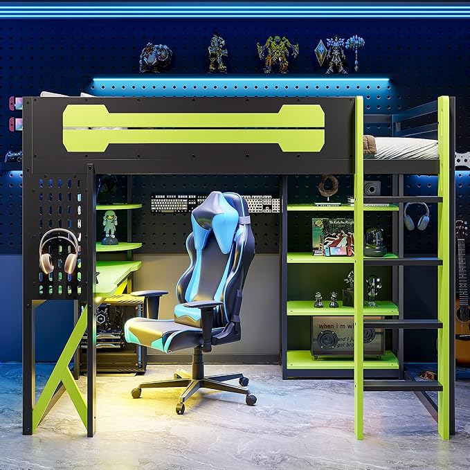 MERITLINE Ultimate Gaming & Study Loft Bed: Full Size Wood Frame with Integrated Desk, RGB Lights, Charging Station, Bookshelf & Pegboard (Black+Green)