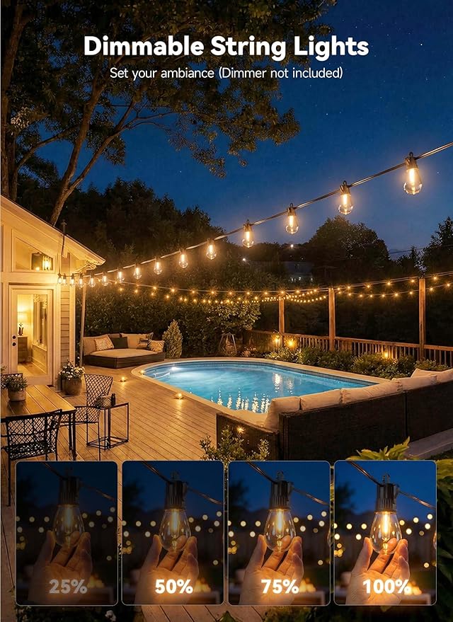 Minetom 53FT Outdoor String LED Patio Lights Waterproof, 16 Shatterproof S14 Vintage Edison Bulbs,Commercial Grade Outside Hanging Lights Waterproof for Porch Deck Garden Backyard Balcony Cafe Bistro