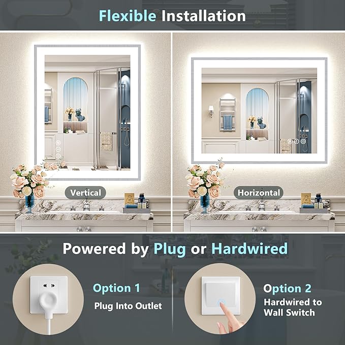 28x36 Brushed Nickel LED Bathroom Mirror with Lights, Sliver Framed Backlit and Front Lit Anti-Fog Lighted Vanity Mirrors for Bathroom Wall, Dimmable, 3 Colors, Memory, Tempered Glass, CRI＞90
