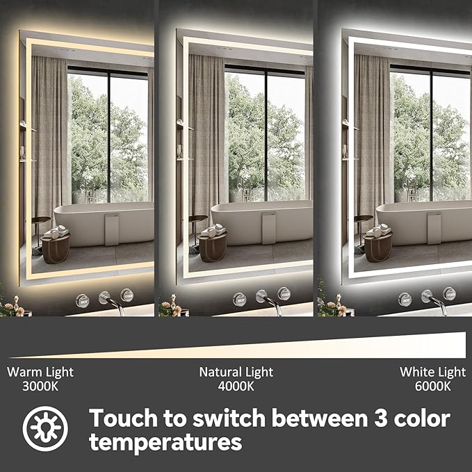 LED Bathroom Mirror 28x60 Inch Anti-Fog Bathroom Mirror with Lights, Wall Mounted Lighted Vanity Mirrors, Dimmable, Backlit + Front Lit, Smart Bathroom Vanity Mirror with 3 Colors Temperature