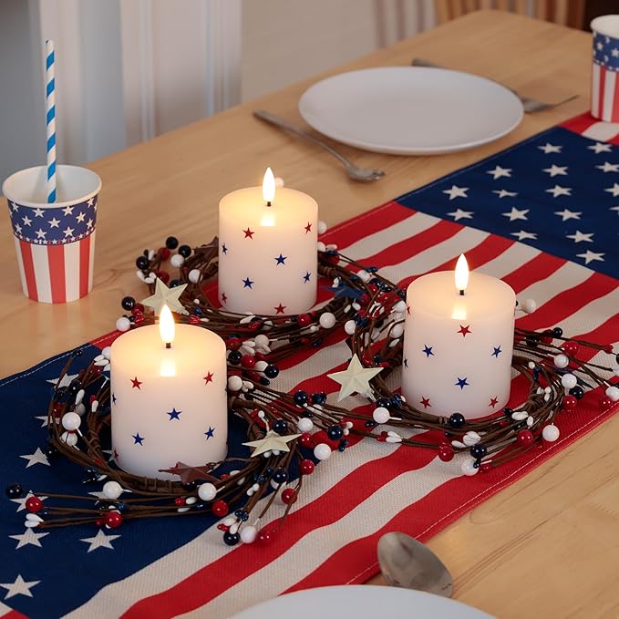 4th of July Flameless Pillar Candles with Red White and Blue Star Stickers, Battery Operated LED Pillar Candles with Remote and Timer, Real Wax Patriotic Candle Set of 3