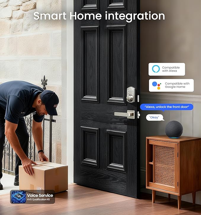 Veise VE012W-L Built-in Wi-Fi Fingerprint Smart Lock with Lever Handle Set, App Remote Control, Keyless Entry for Front Door, Deadbolt Digital Backlit Keypad, Voice Assistant, Auto Lock, Satin Nickel