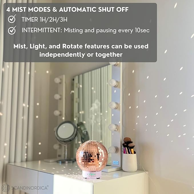 SCANDINORDICA Disco Ball Diffuser - Original Rotating Disco Essential Oil Diffuser with Whisper Quiet Operation, 14 Color Night Light & 4Time Settings | Cute Eclectic Decor for Medium Room Rose Gold