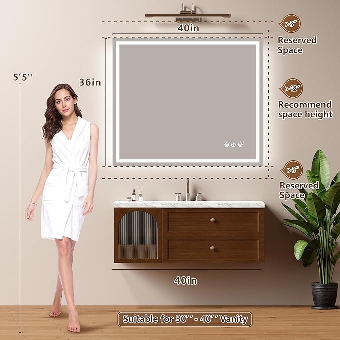 40x36 Inch LED Lighted Bathroom Mirror - Anti-Fog Vanity Mirror with Dimmable Front & Backlit, 3 Color Temp, Smart Memory - Shatterproof HD Glass, IP54 Waterproof Wall Mounted for Makeup Shaving
