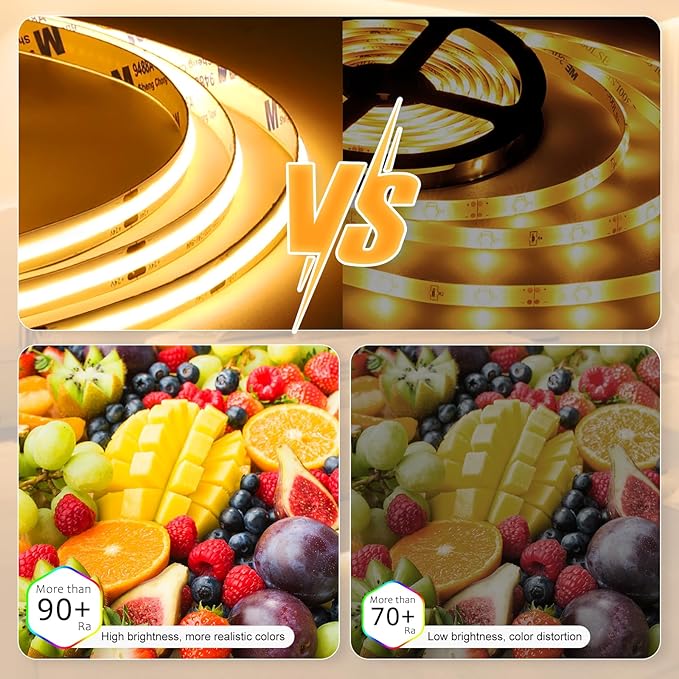 65.6ft COB LED Strip Light with Remote, 3000K Dimmable Bright Warm White Led Lights Strip, Flexible DC24V Led Tape Light for Bedroom, Kitchen, DIY Lighting (2 Rolls of 32.8ft)