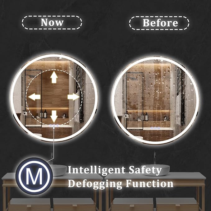 BEAUTYPEAK 24x24 LED Round Bathroom Mirror with Lights, Anti-Fog, Dimmable, Backlit + Front Lit, Lighted Bathroom Vanity Mirror for Wall, 3 Colors, Memory Function, Tempered Glass, Shatter-Proof