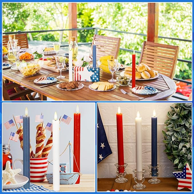 Patriotic Flameless Candles, Red White and Blue Taper Candles, 9.6" Real Wax Battery Operated 4th of July Candlesticks, Flickering Independence Day Candle, Memorial Day Decor, 3 Pack