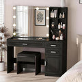 Fameill Makeup Vanity Desk with Lights,Glass Top Vanity Table with Lighted Mirror,Large Makeup Desk with 3 Drawers and Cabinets,3 Color Lighting Modes with Adjustable Brightness,Black