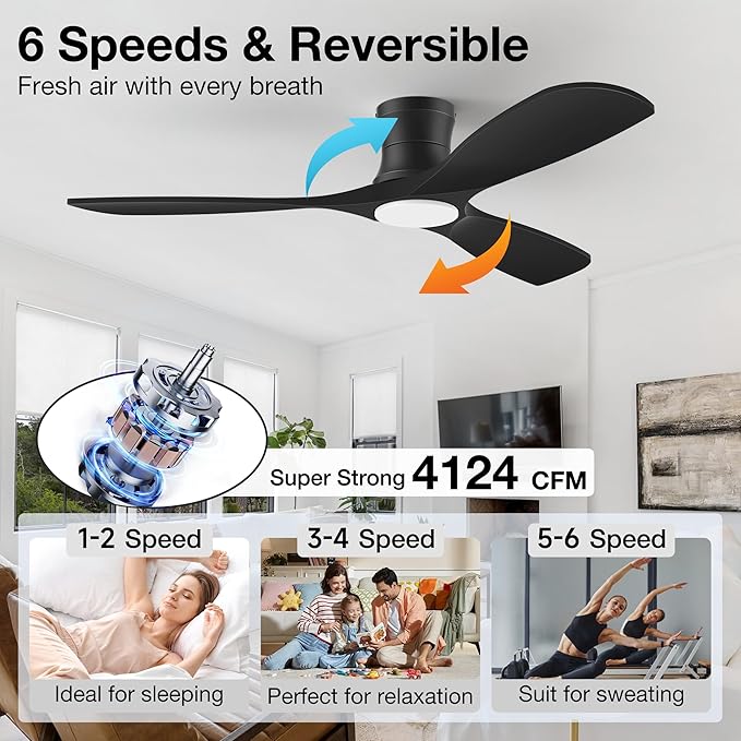 52inch Wood Ceiling Fans with Lights and Remote,Low Profile Modern Black Ceiling Fan with Light,Outdoor Indoor Flush Mount Ceiling fan,for Bedroom Living room Patio,3 Blades,Dimmable LED,Quiet
