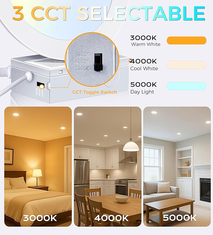 CLOUDY BAY 4 inch 3000K/4000K/5000K Three Color Temperature Selectable, Dimmable 10W CRI 90+,Ultra Thin Recessed Downlight with Junction Box, Canless Wafer Down Light, Damp Location,White Finish, 6PK