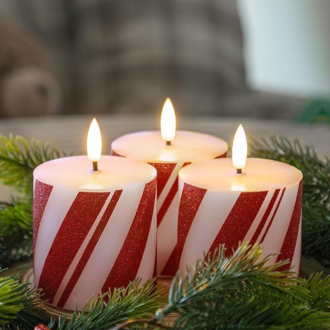Christmas Candy Cane Stripe Flameless Pillar Candles, Real Wax Red and White Battery Operated Flickering Candles with Timer for Xmas Holiday Home Decoraction, Set of 3(3"x3")